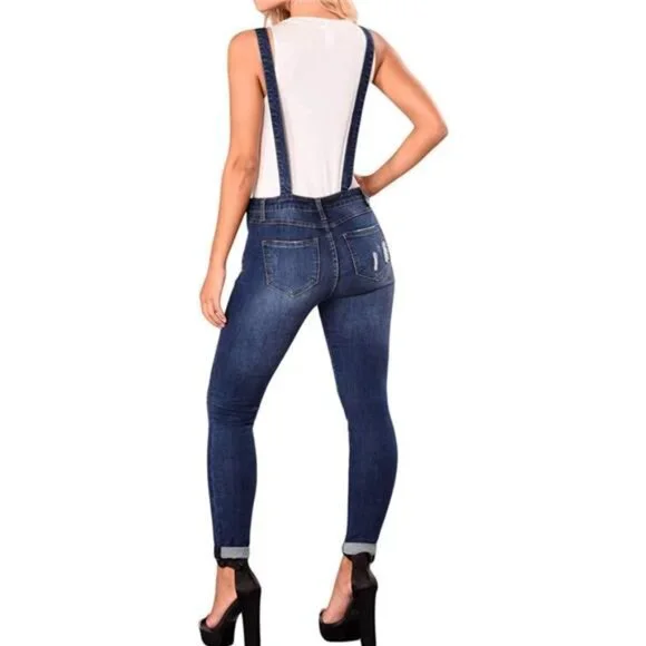 **New Women's Distressed Skinny Fit Stretch Denim Bib Overalls - Casual - Picture 4 of 5